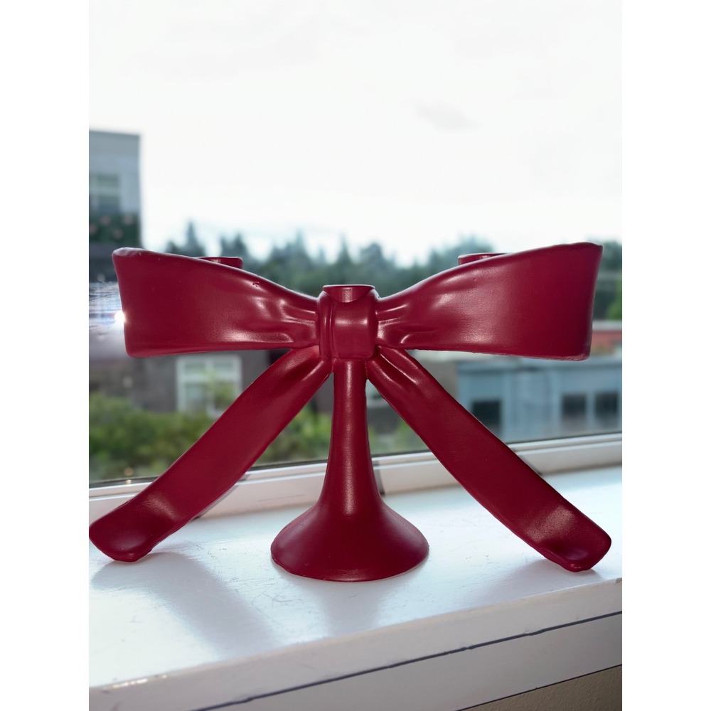 Red Bow Taper Candle Holder Candelabra Coquette Holiday Christmas Decor
